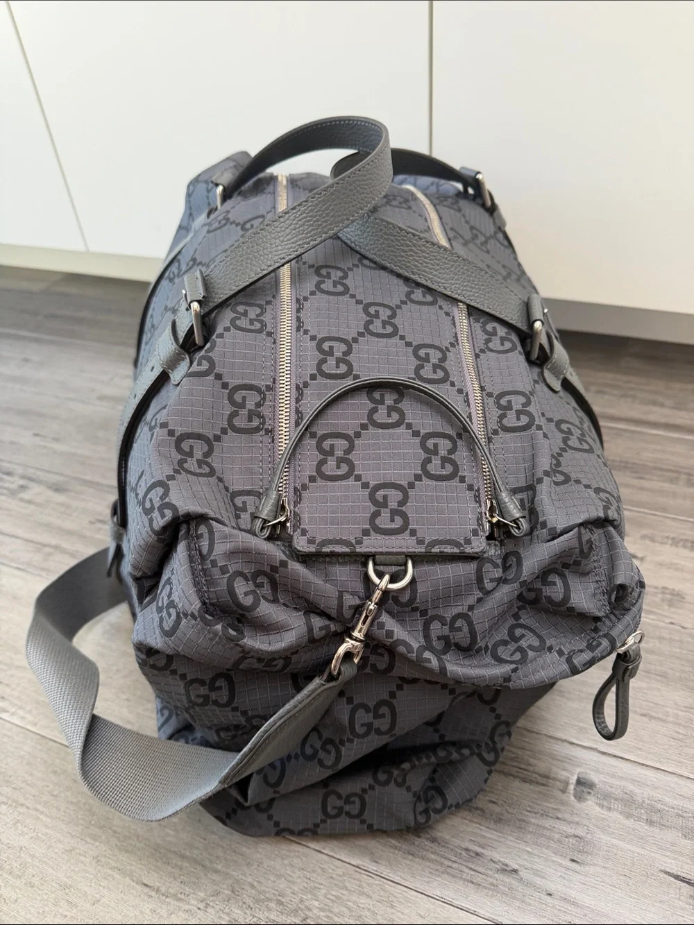 Gucci Gray Black GG Canvas Boston Bag